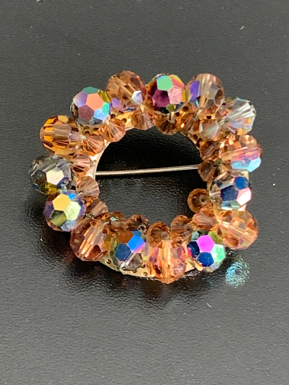Vintage Amber AB Aurora Borealis Glass Champagne Beaded Brooch